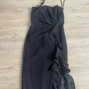Bardot black dress with slit and ruffled detail NWT